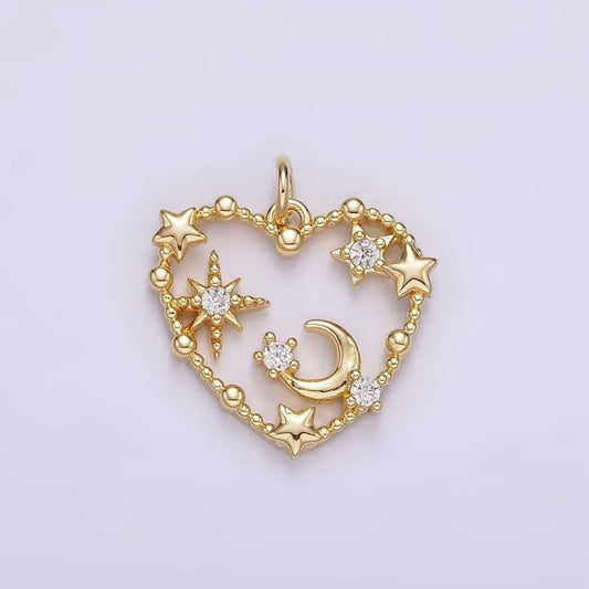 14K Gold Filled Celestial Star Crescent Moon CZ Dotted Open Heart Charm | AG419