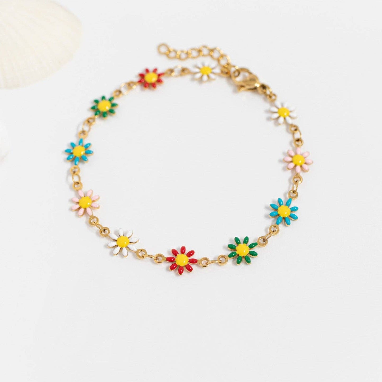 18K Gold PVD Multi Colored Floral Chain Bracelet: Stainless