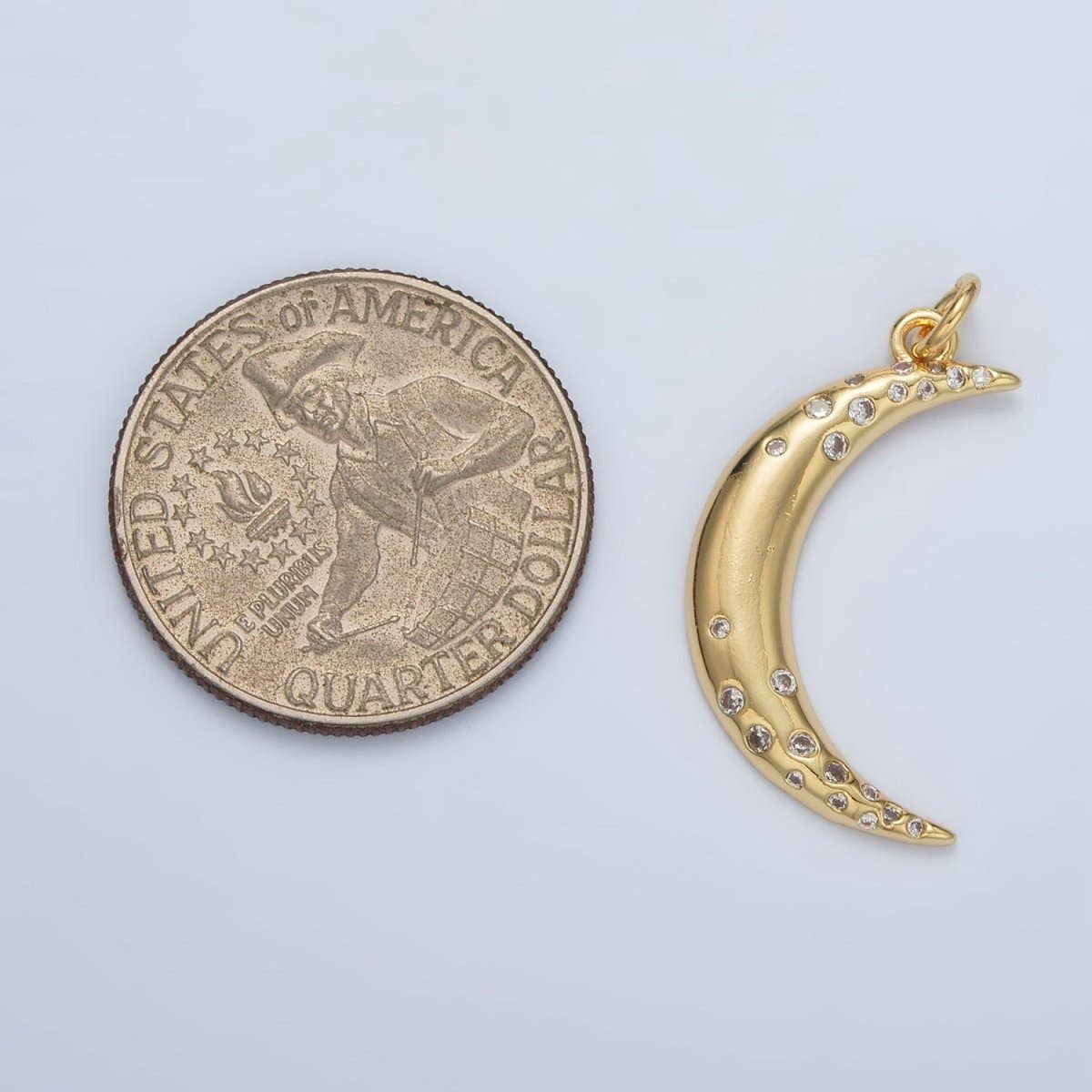 24K Gold Filled Clear CZ Dotted Celestial Crescent Moon Charm | E002