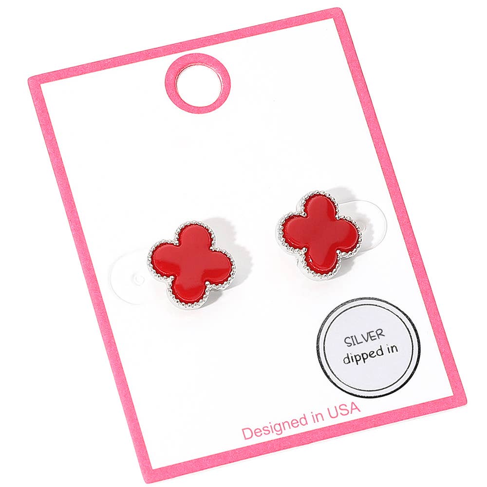 Gold Dipped Quatrefoil Stud Earrings: Red,Rhodium