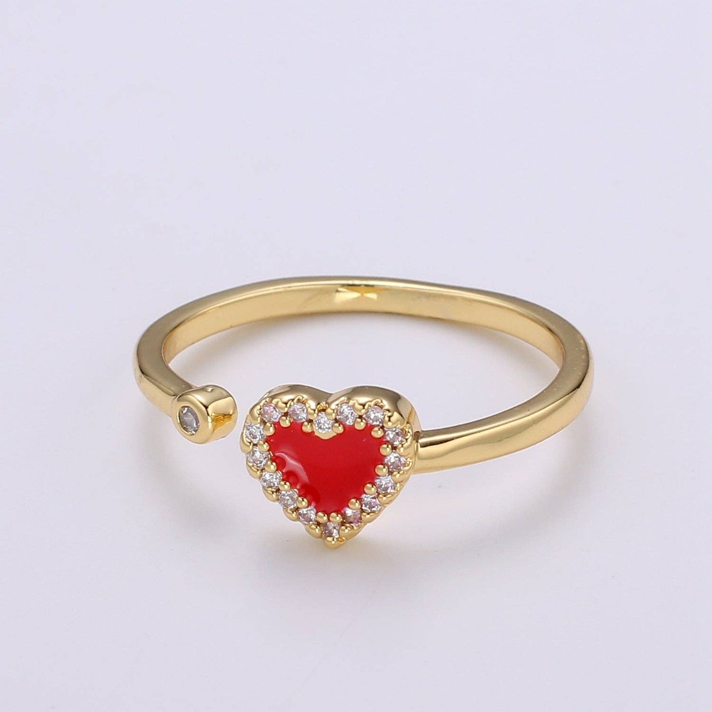 1pc 24K Gold Enamel Cubic Heart Ring, Pink Epoxy Love CZ Pendant Charm, Solitaire Cubic Zirconia Design Band For DIY Jewelry R317,318: Red