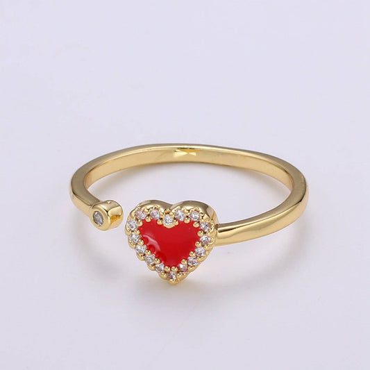 1pc 24K Gold Enamel Cubic Heart Ring, Pink Epoxy Love CZ Pendant Charm, Solitaire Cubic Zirconia Design Band For DIY Jewelry R317,318: Red