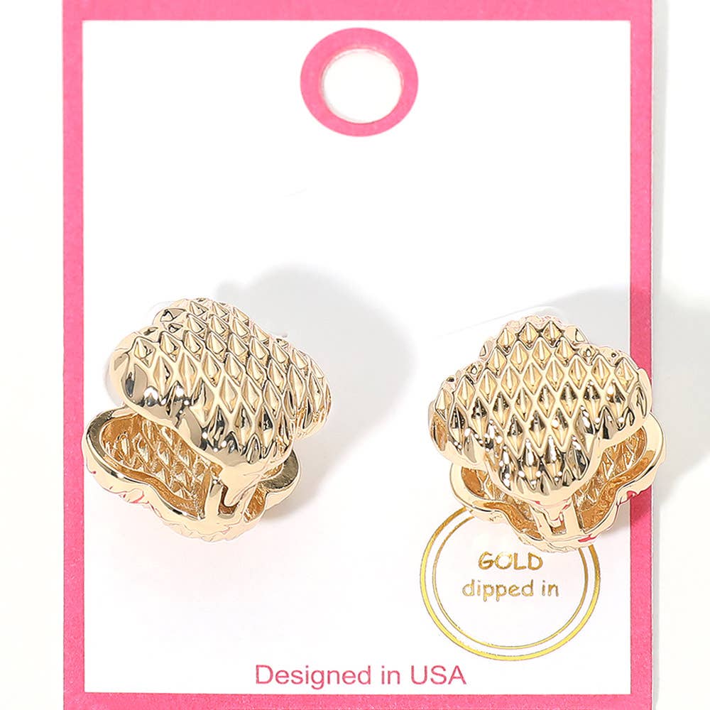 Gold Dipped Textured Quatrefoil Huggie Earrings: Gold