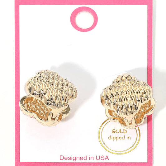 Gold Dipped Textured Quatrefoil Huggie Earrings: Gold