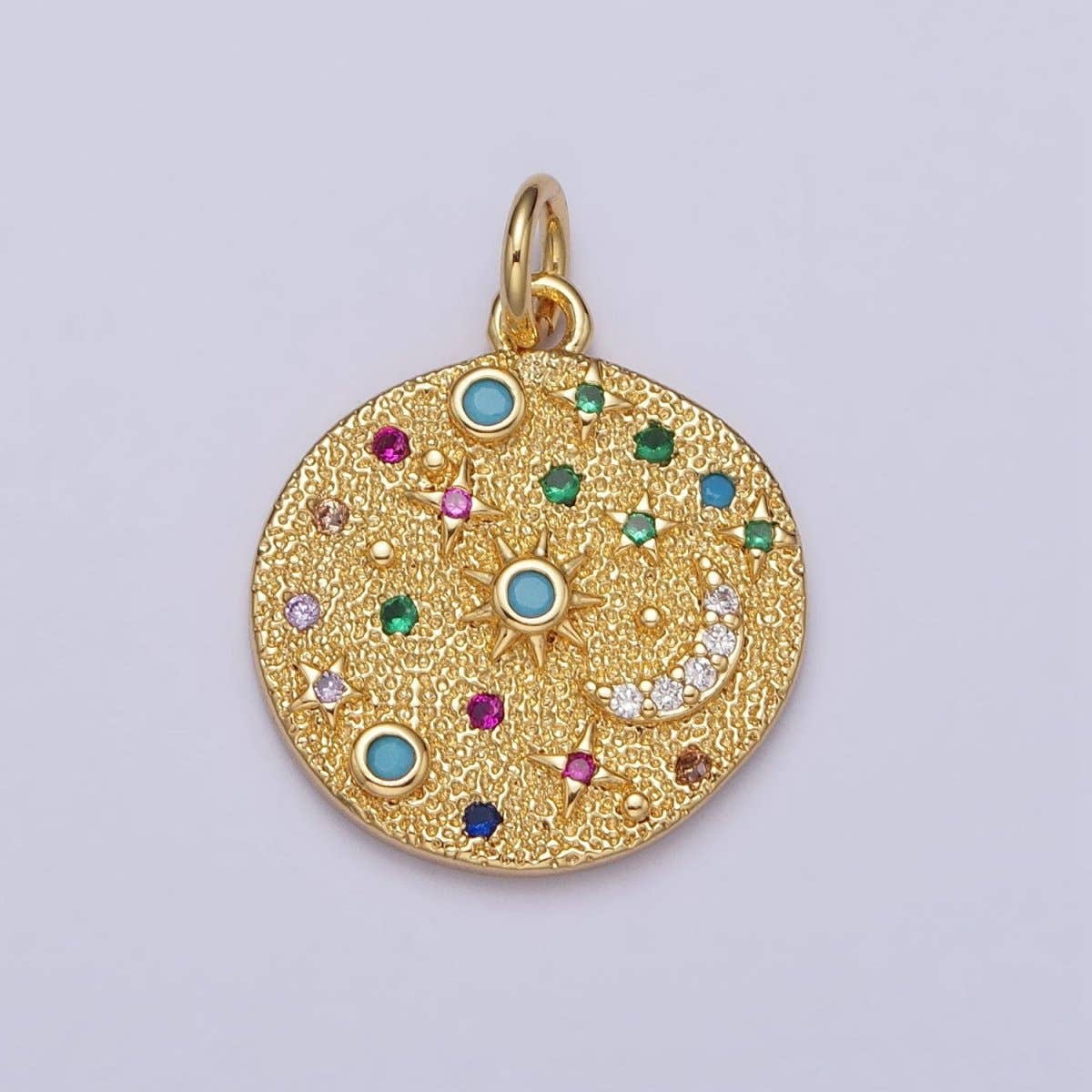 Gold Filled Celestial CZ Crescent Moon Star Sun Dotted Hammered Coin Charm in Gold & Silver | AC256 AC257: Silver