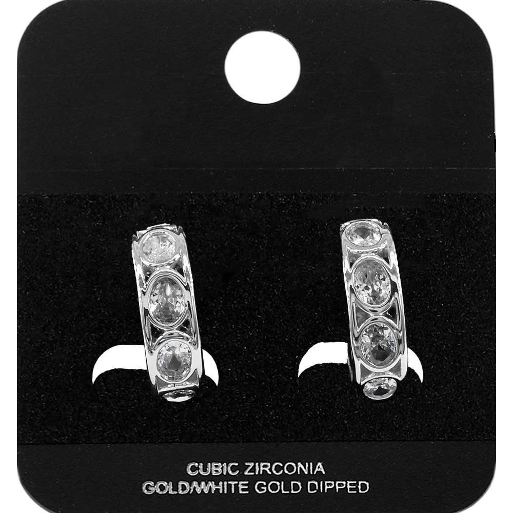 Gold Dipped Oval CZ Bezel Around Mini Open Hoop Earrings: Gold