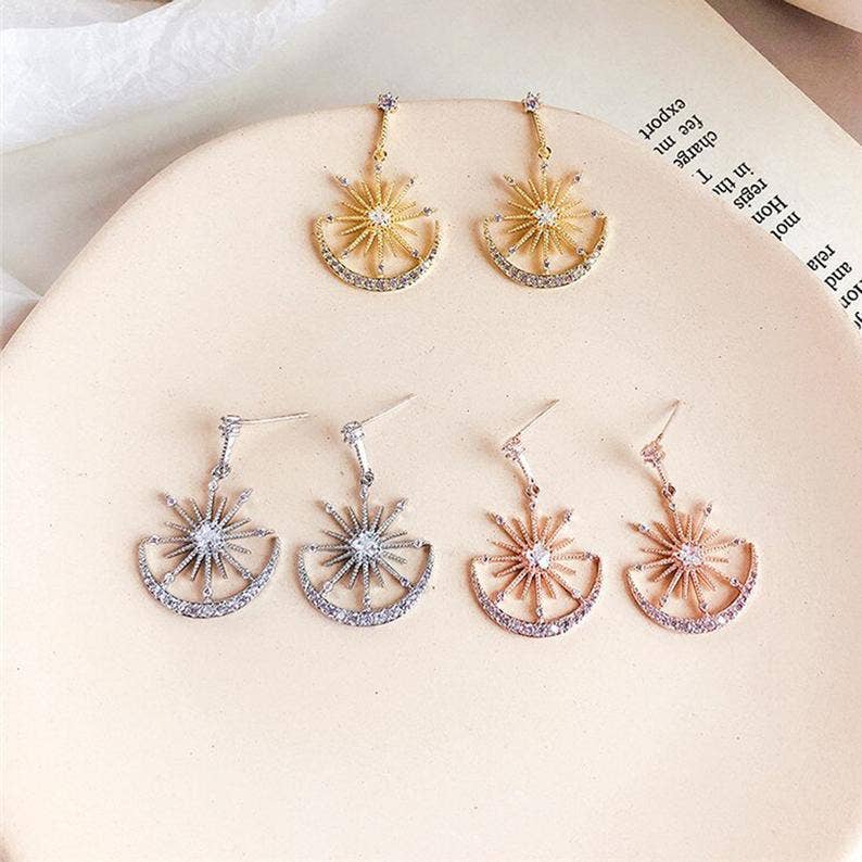 Sun Moon Rhinestone Earrings E5498: Gold