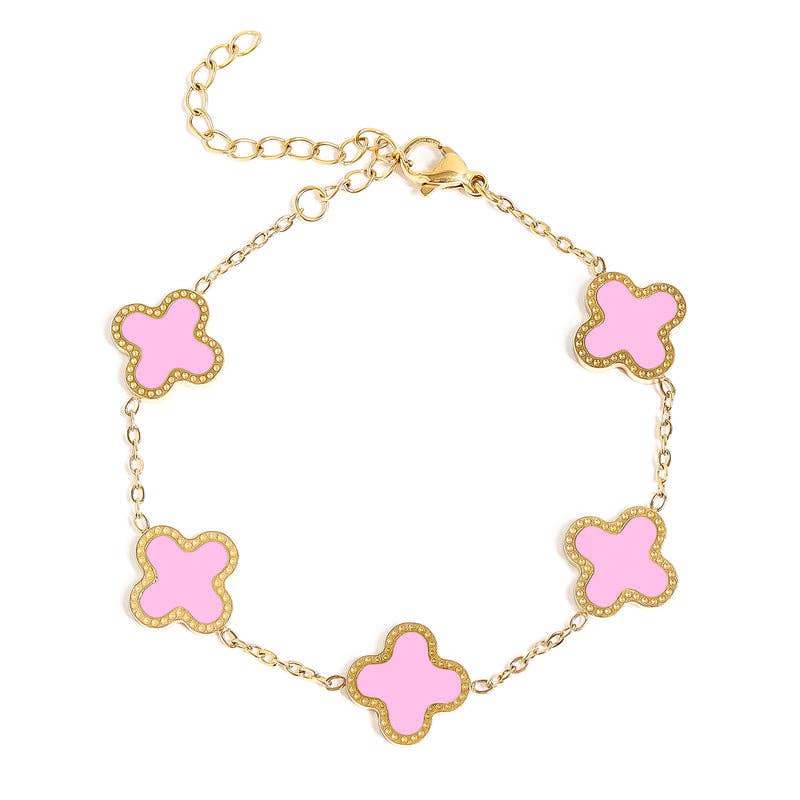 18K Gold PVD Stainless Steel Lucky Clover Charm Bracelet: Blue / Gold