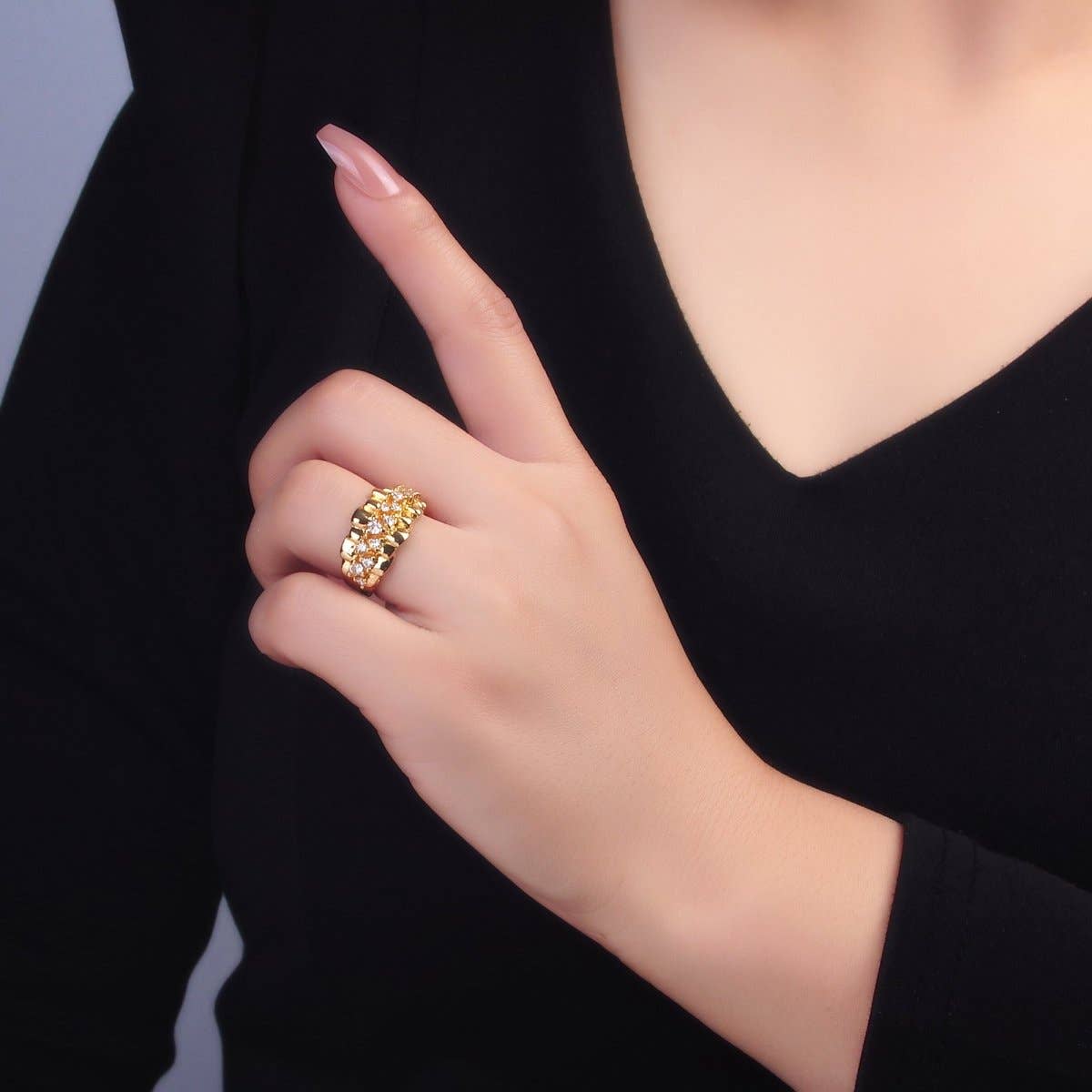 24K Gold Filled Micro Paved CZ Foil Fold Ring in Gold & Silver | O443 O444: Gold