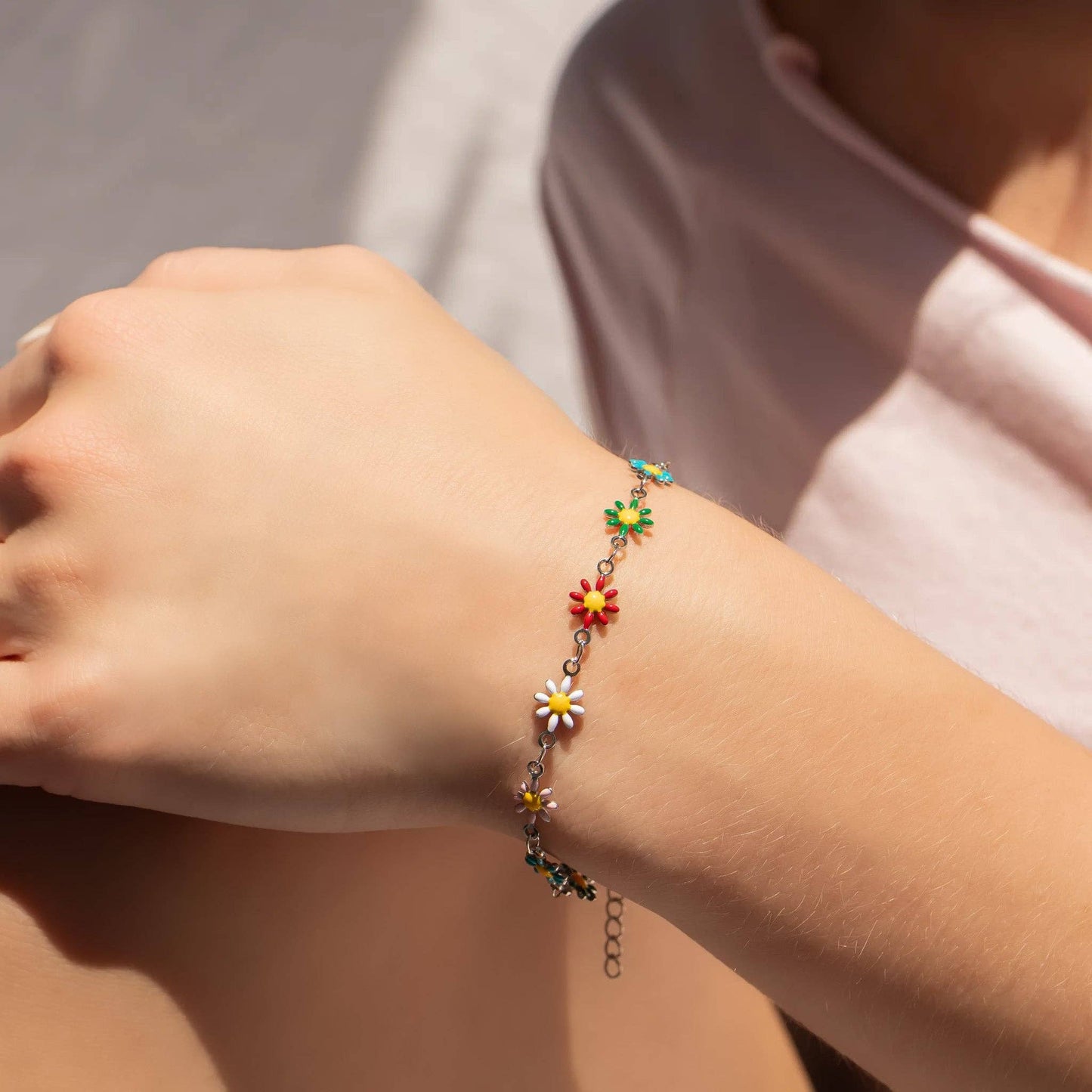 18K Gold PVD Multi Colored Floral Chain Bracelet: Stainless