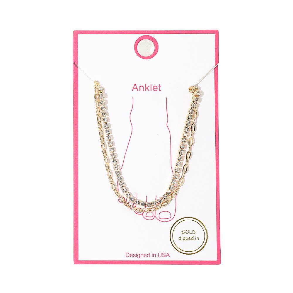 Gold Dipped Tennis Link Layered Chain Anklet: Rhodium