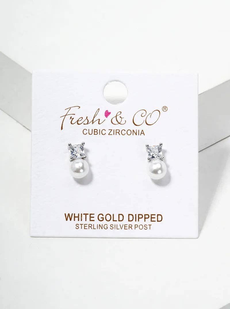 White Gold CZ Stone Pearl Drop Stud Earrings: Gold
