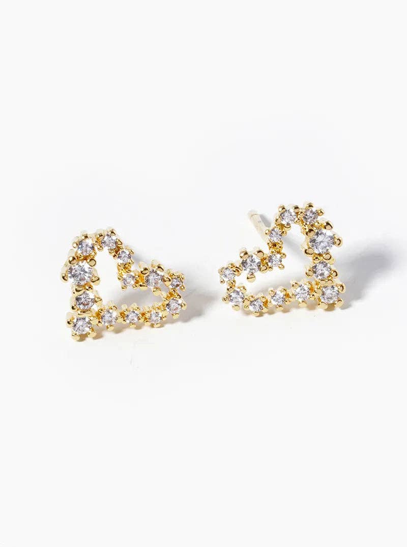 White Gold Dipped CZ Pave Heart Post Stud Earrings: Gold