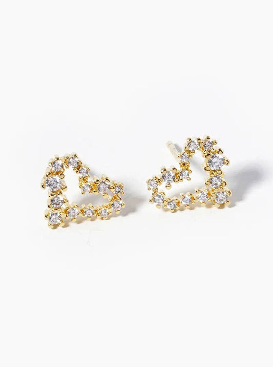 White Gold Dipped CZ Pave Heart Post Stud Earrings: Gold