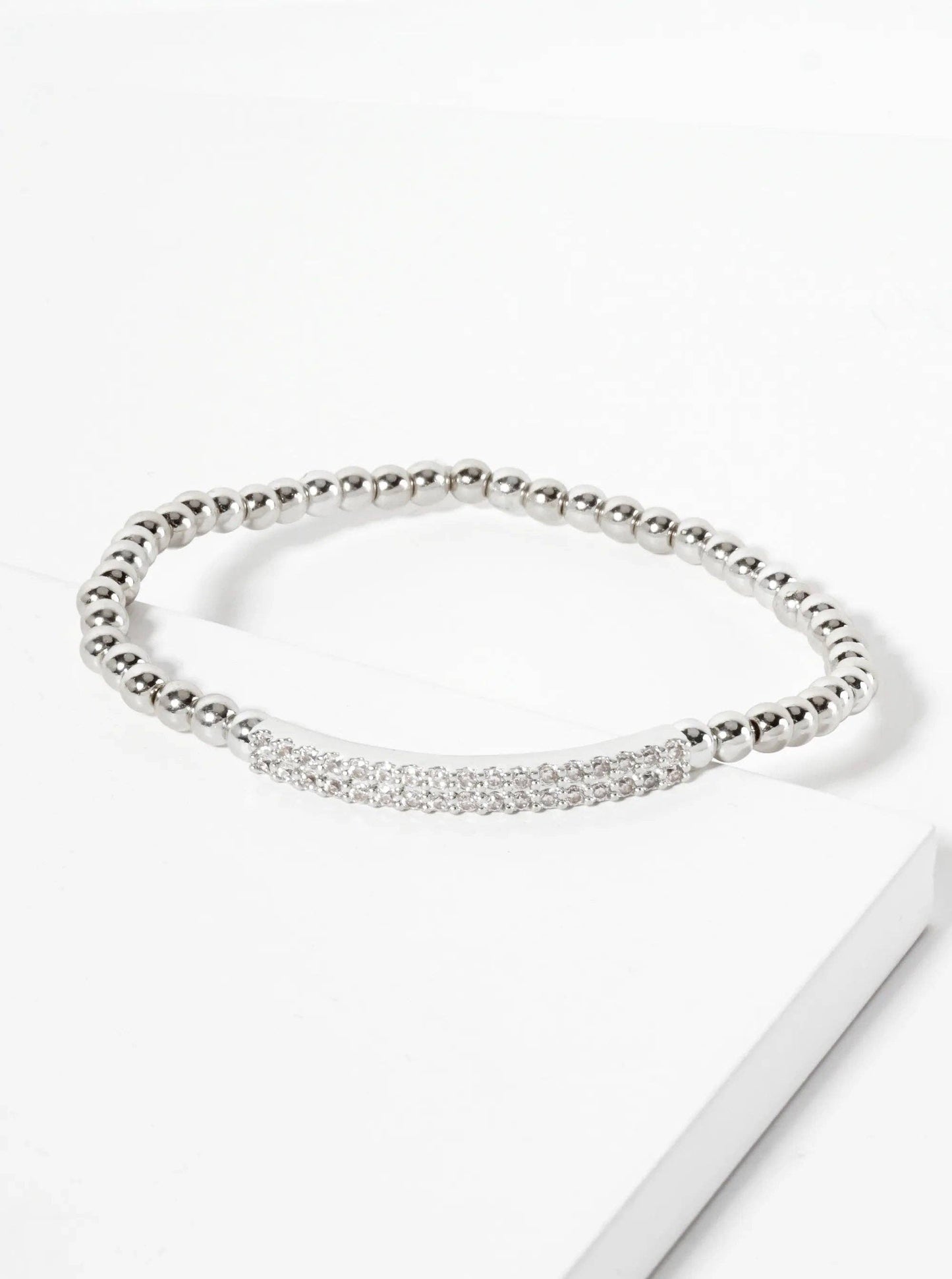 18K-Gold-Dipped Polished Brass 4mm Beaded Stretch Bracelet With CZ Pave-Set Curved Bar Accent: Gold