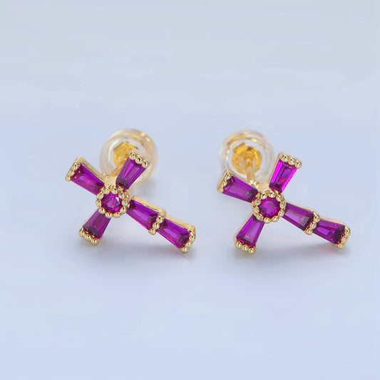 24K Gold Filled CZ Religious Cross Studs | P053 - P061 : Fuchsia