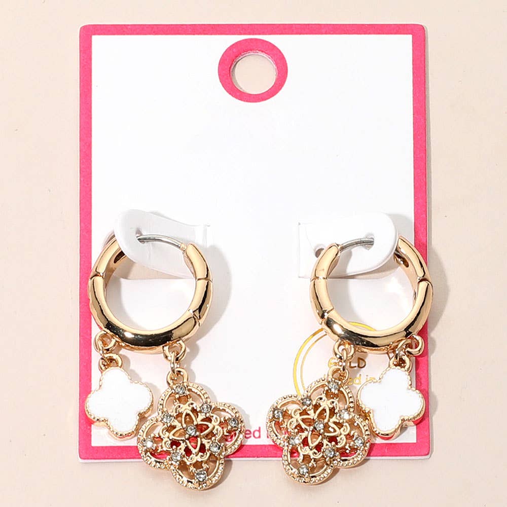 Gold Dipped Quatrefoil Huggie Hoop Earrings: Gold,Red