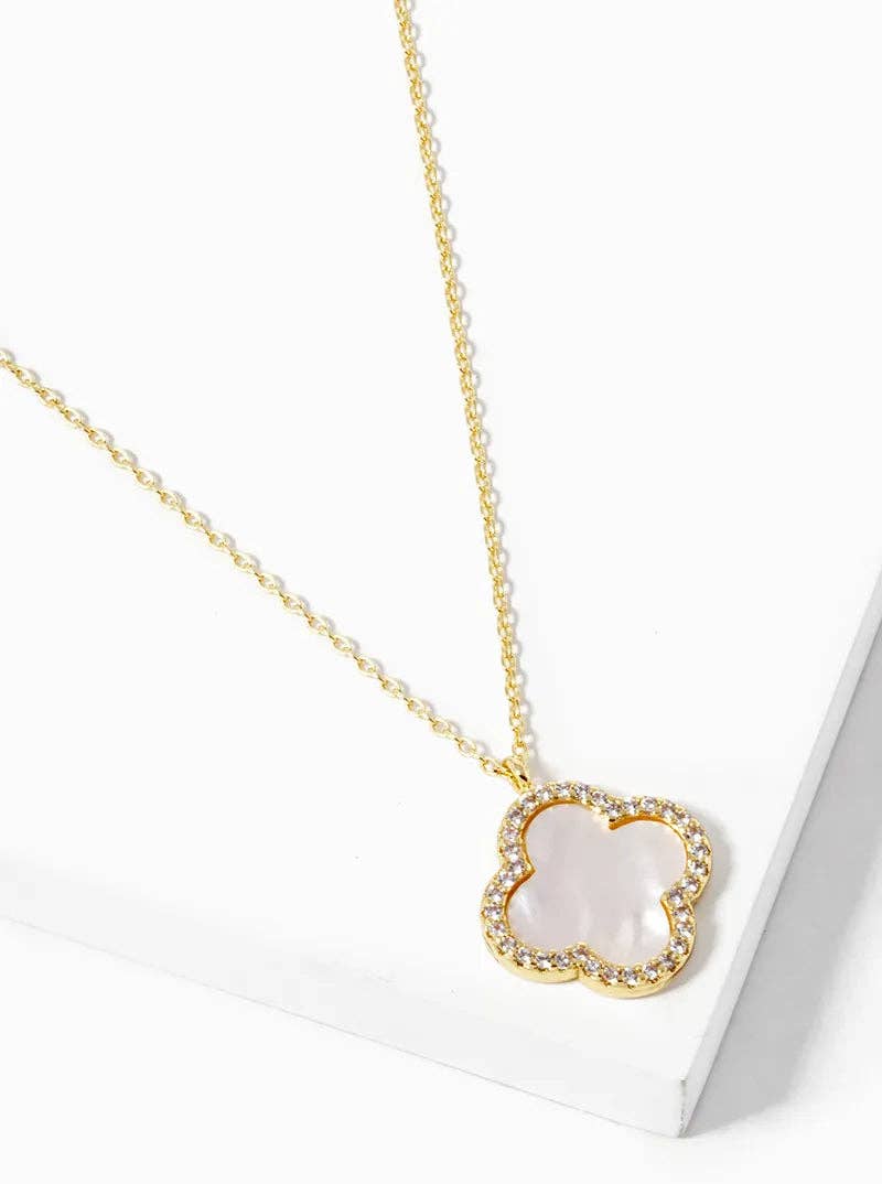 White Gold Dipped CZ Pave 15mm Quatrefoil Pendant Necklace: Gold-Pink