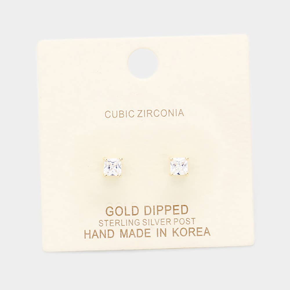 Gold Dipped 4mm Cubic Zirconia Square/Round Stud Earrings: Square Silver