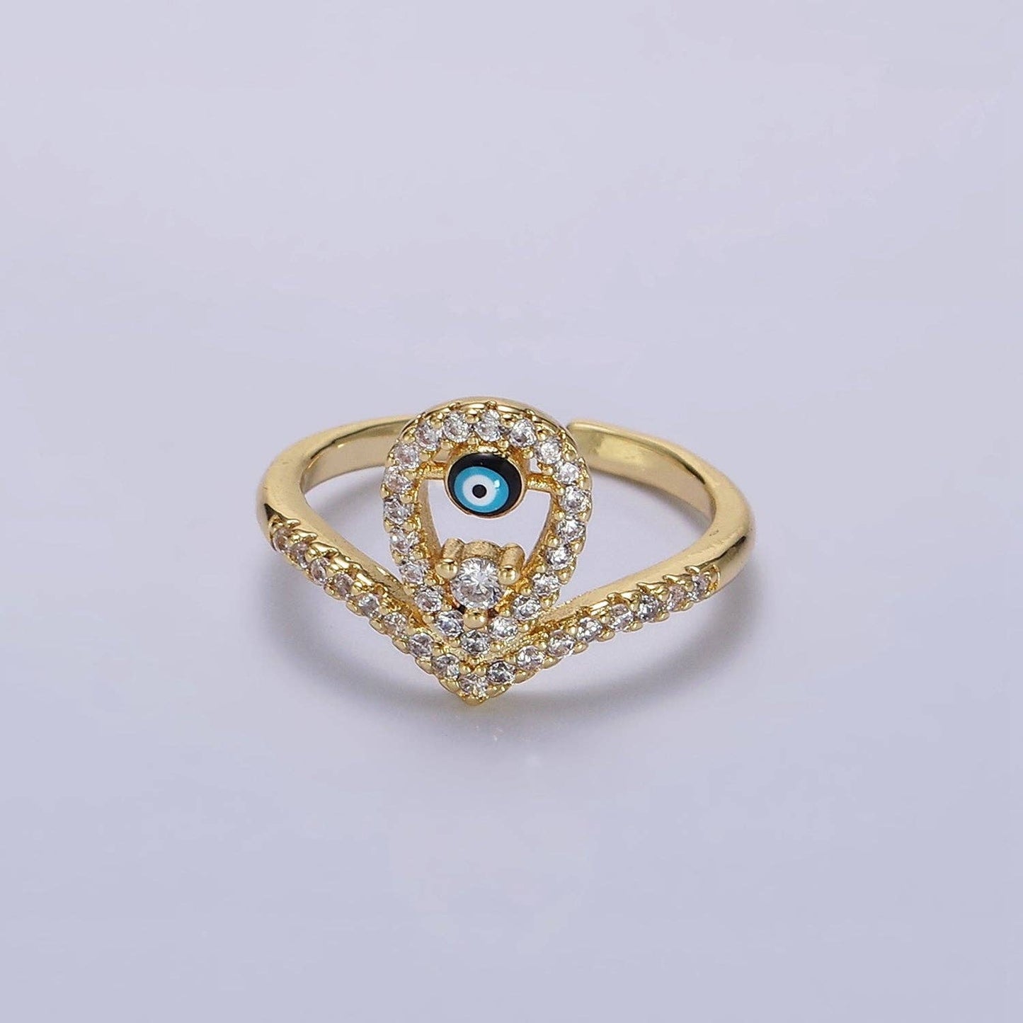 14K Gold Filled Evil Eye Enamel Open Teardrop CZ Ring O598