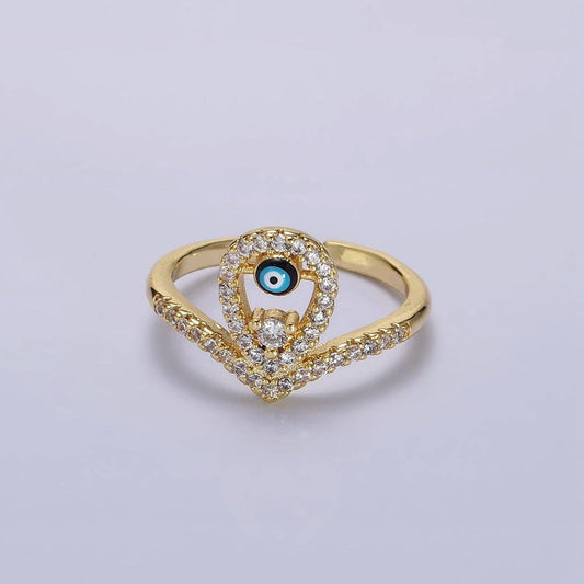 14K Gold Filled Evil Eye Enamel Open Teardrop CZ Ring O598