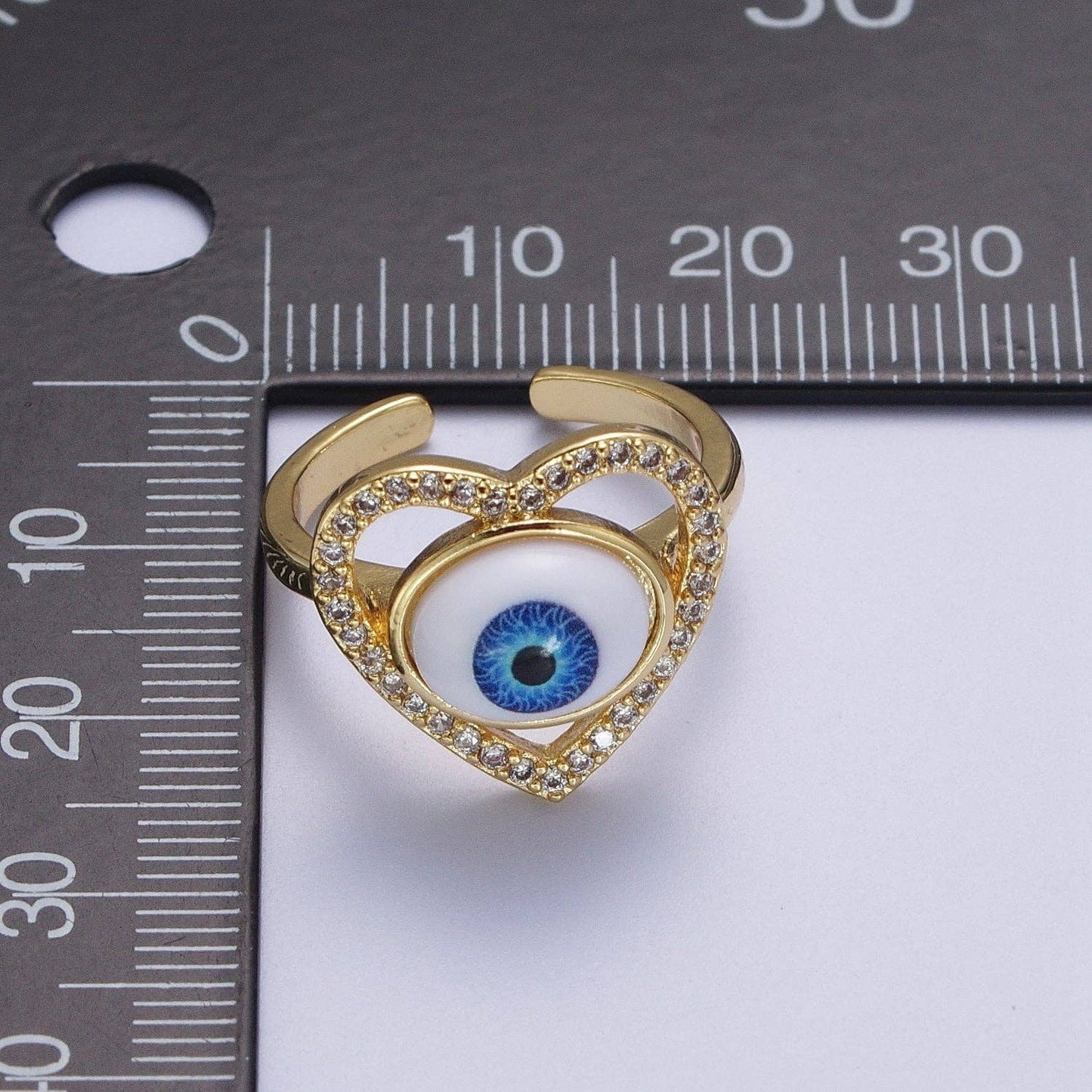 Blue Evil Eye Heart Love MicroPaved CZ Bezel Open Ring O2004