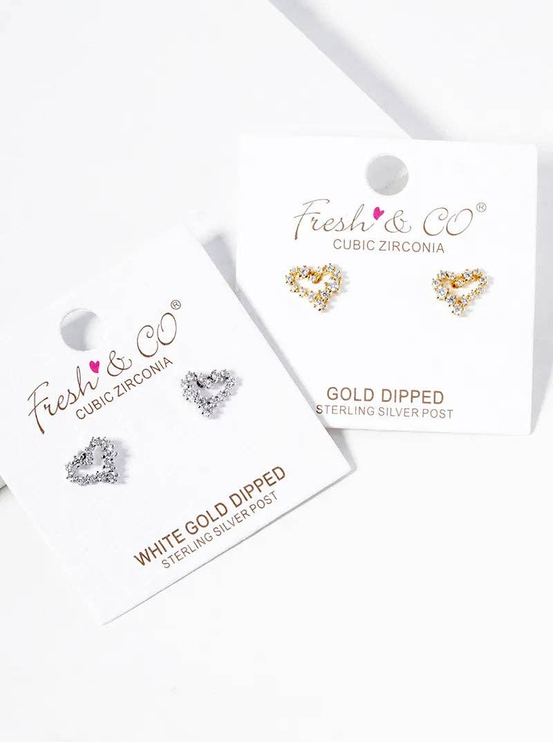 White Gold Dipped CZ Pave Heart Post Stud Earrings: Gold