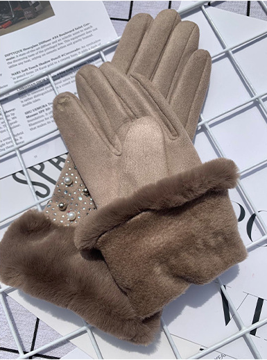 Pearl Rhinestone Suede Gloves GL0010: Red