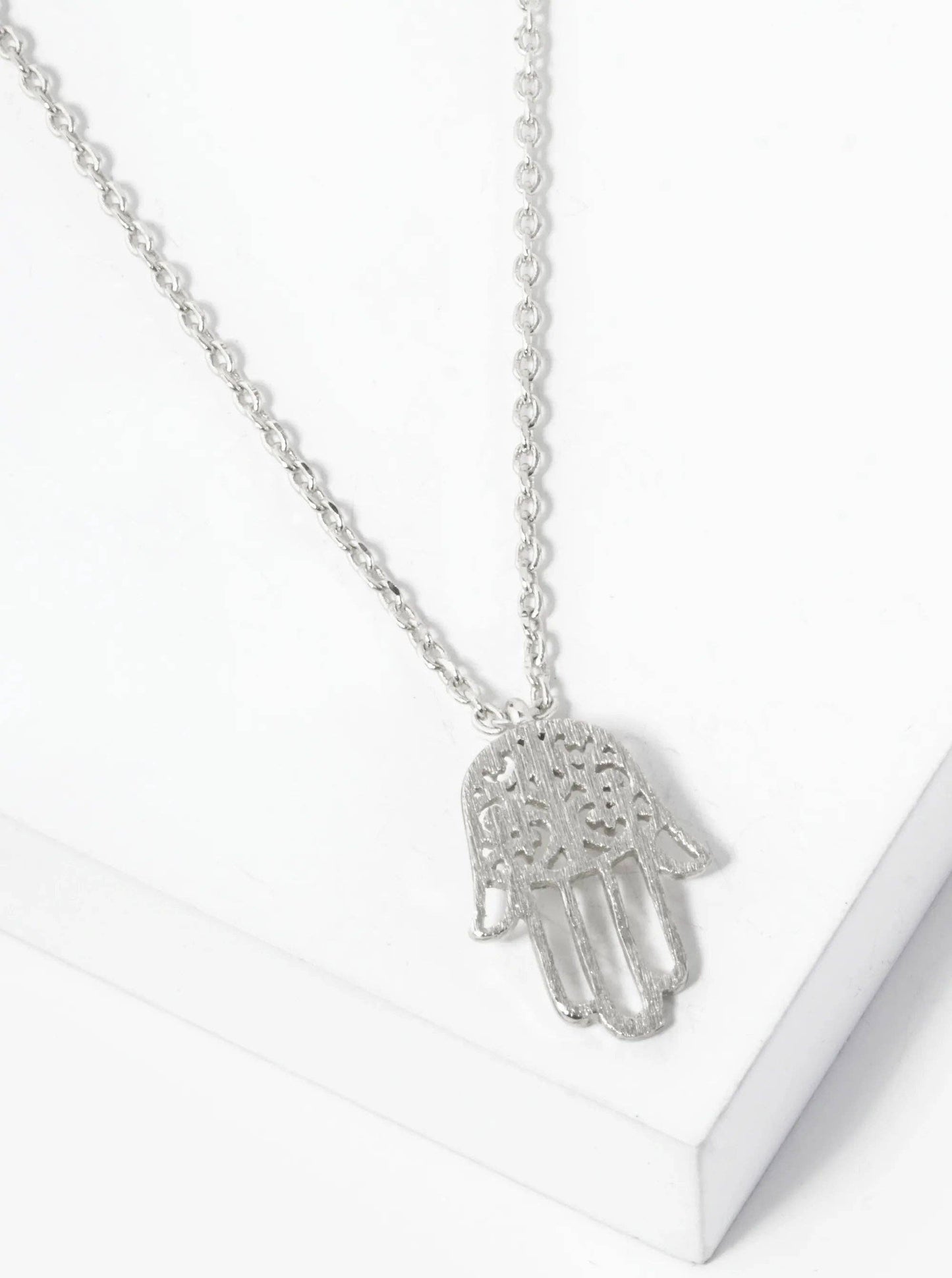 18K Gold Dipped Filigree Hamsa Pendant Necklace: Rhodium