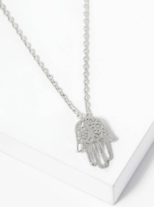 18K Gold Dipped Filigree Hamsa Pendant Necklace: Rhodium