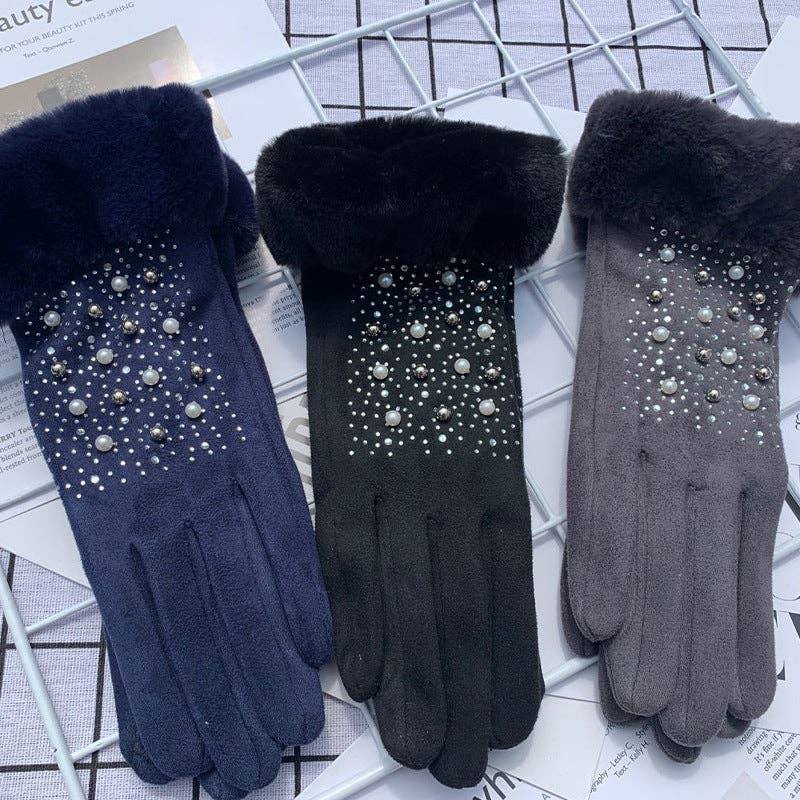 Pearl Rhinestone Suede Gloves GL0010: Red