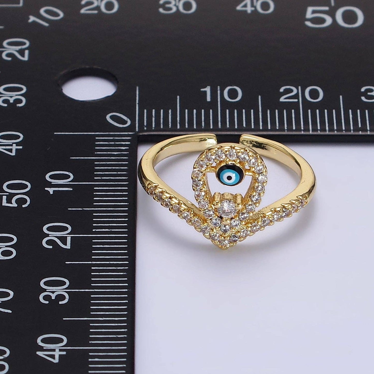 14K Gold Filled Evil Eye Enamel Open Teardrop CZ Ring O598