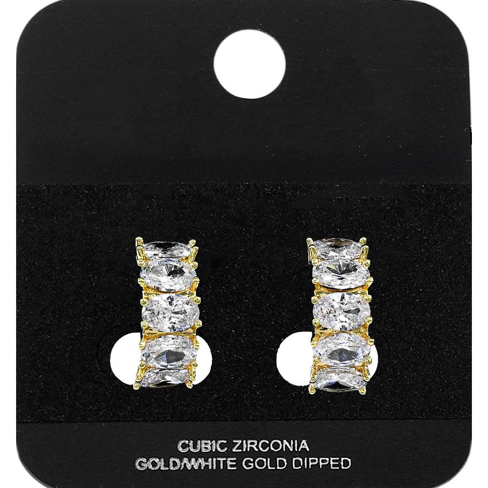 Gold Dipped Oval CZ Stone Cluster Around Mini Open Hoop Earrings: Gold