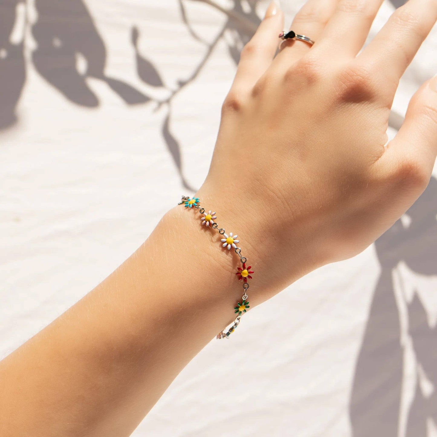 18K Gold PVD Multi Colored Floral Chain Bracelet: Stainless