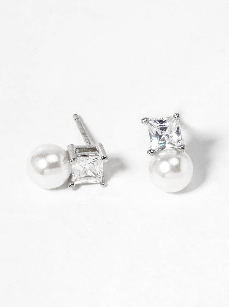 White Gold CZ Stone Pearl Drop Stud Earrings: Gold