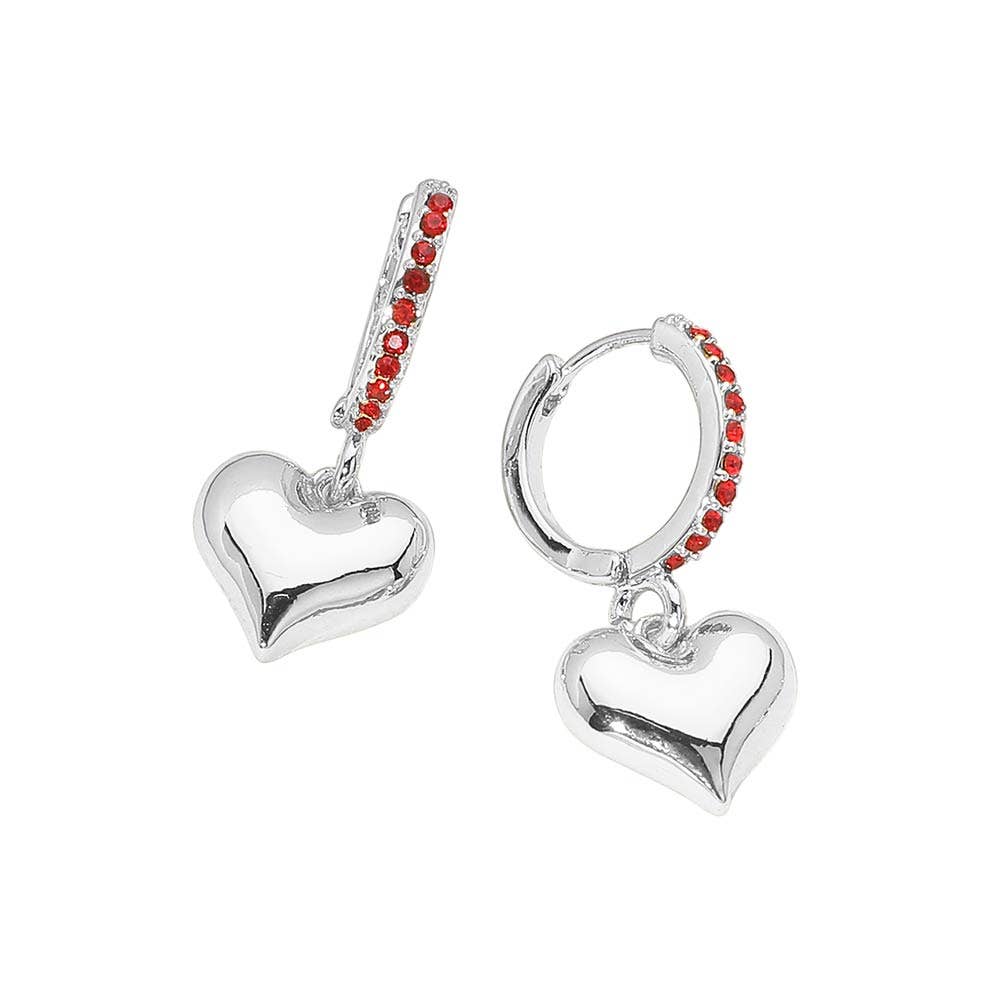 Gold Dipped Heart Charm Drop Dangle Stone Pave Huggie Hoop Earrings: Gold,Siam
