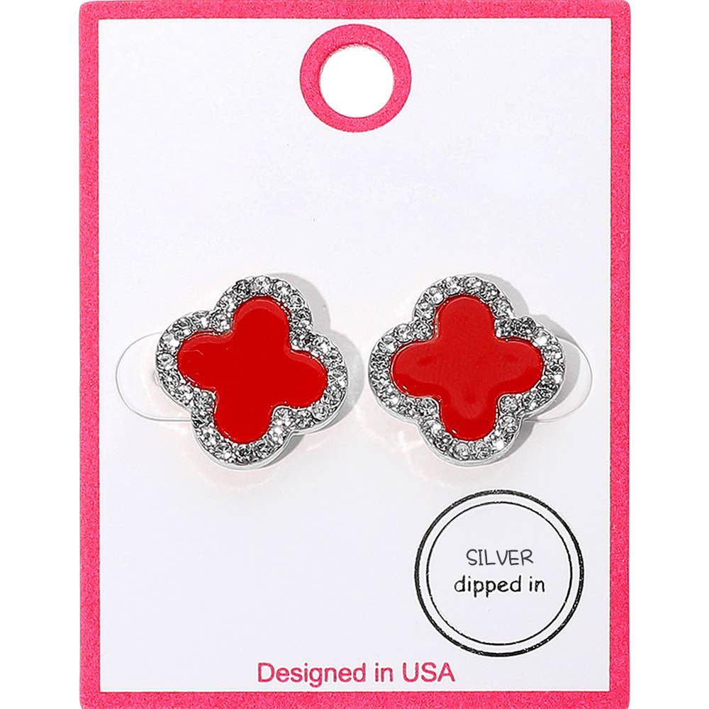 Gold Dipped Rhinestone Rim Quatrefoil Stud Earrings: Pink Rhodium