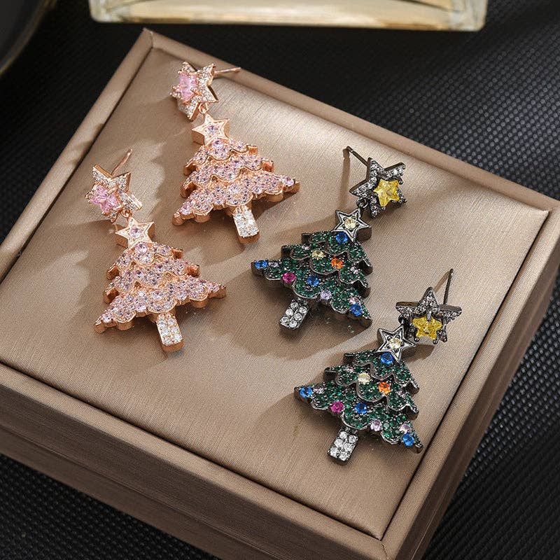 Christmas Tree Alloy Rhinestone Earrings  E8648: Green