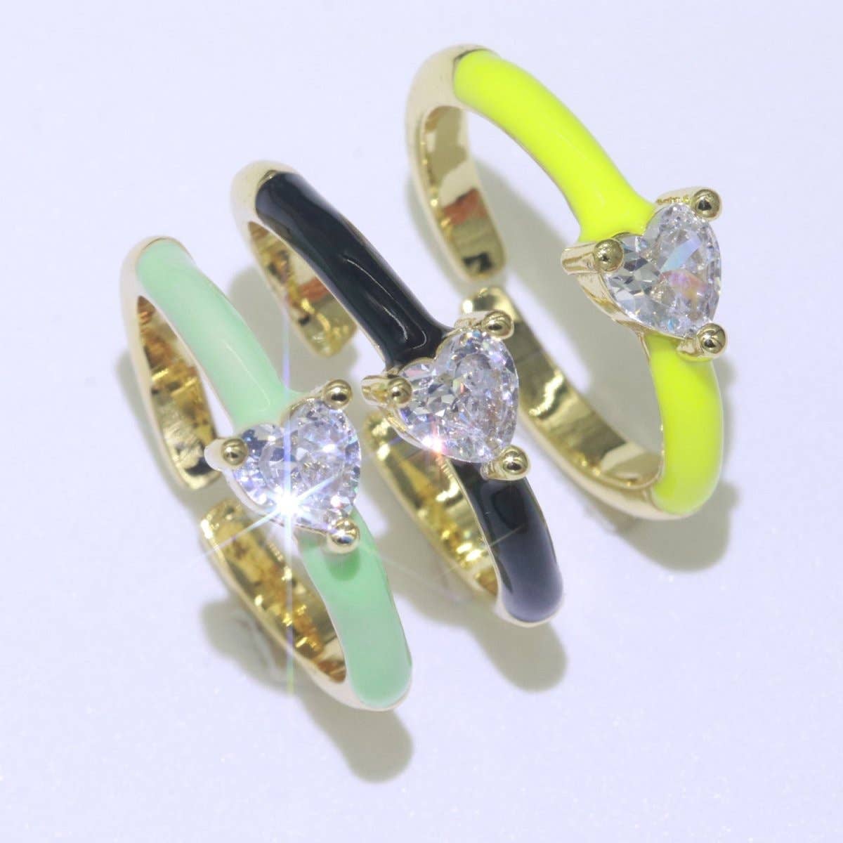Heart Cz Ring Adjustable Gold Ring, Colorful Pastel Enamel Ring, Stackable Ring Black White Pink blue Green Ring for Women O-910~O-919: Blue