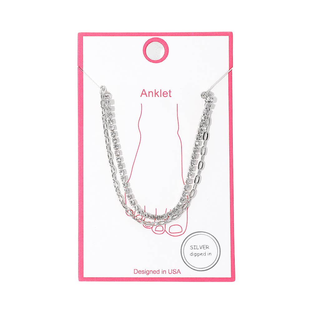 Gold Dipped Tennis Link Layered Chain Anklet: Rhodium