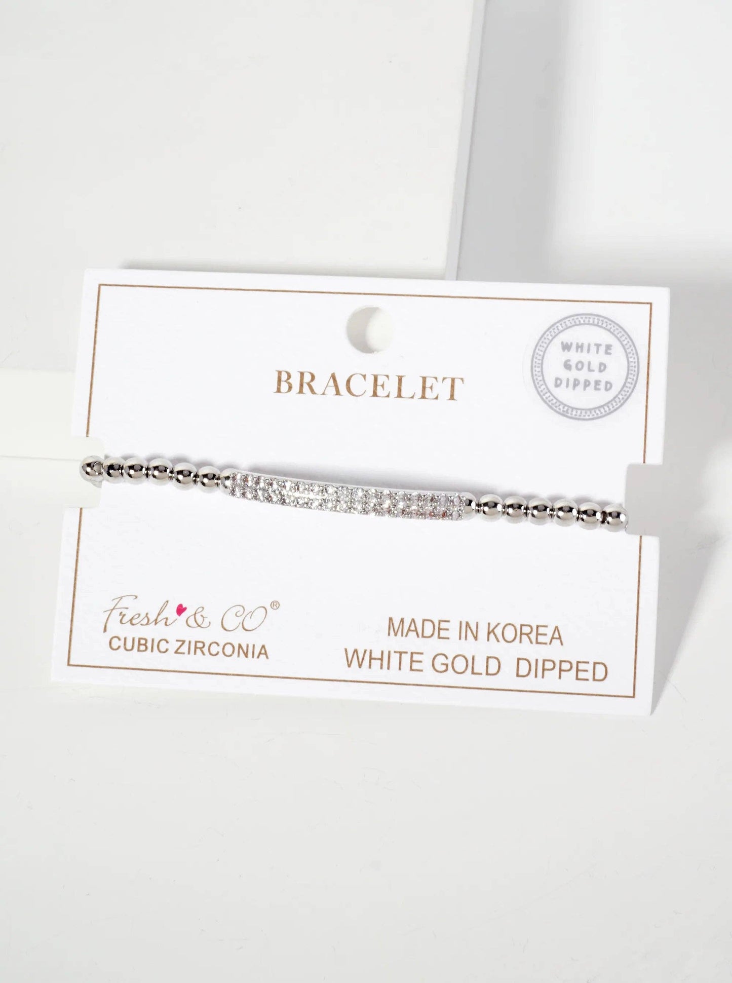 18K-Gold-Dipped Polished Brass 4mm Beaded Stretch Bracelet With CZ Pave-Set Curved Bar Accent: Gold