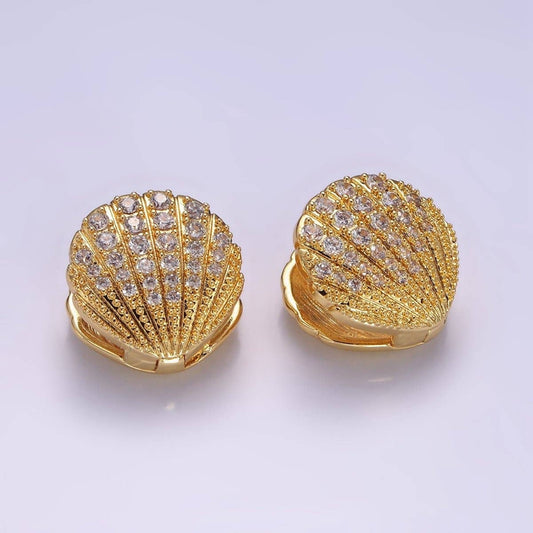 14K Gold Filled Micro Paved CZ Scallop Clam Sea Shell Huggie Earrings | AB1132