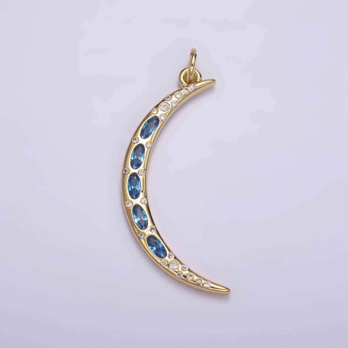 24K Gold Filled Clear, Blue CZ Dotted Crescent Moon Charm | M107: Blue