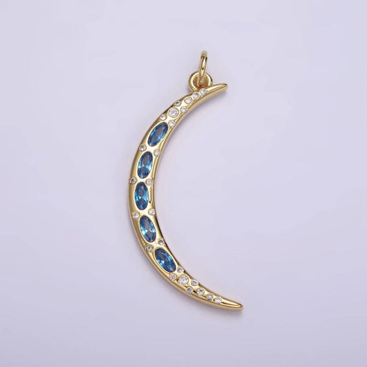 24K Gold Filled Clear, Blue CZ Dotted Crescent Moon Charm | M107: Blue