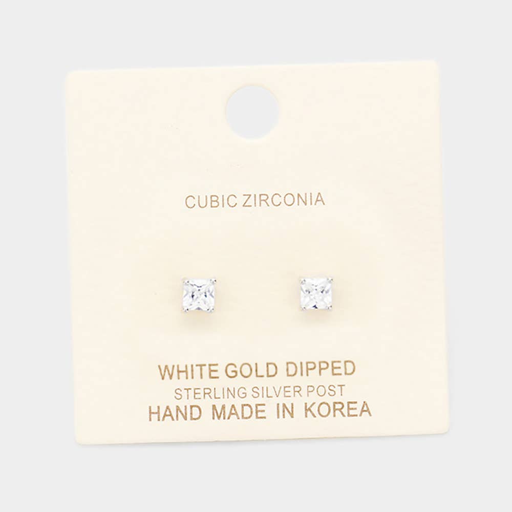 Gold Dipped 4mm Cubic Zirconia Square/Round Stud Earrings: Square Gold