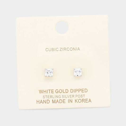 Gold Dipped 4mm Cubic Zirconia Square/Round Stud Earrings: Square Silver