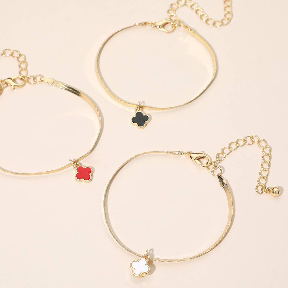 Gold Dipped Quatrefoil Charm Herringbone Chain Bracelet: Gold,Red