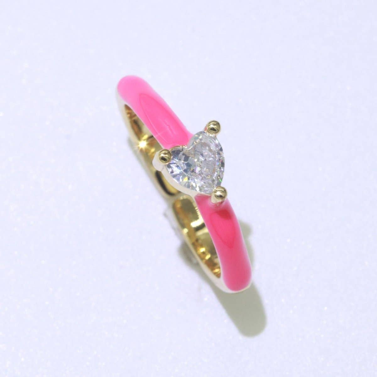 Heart Cz Ring Adjustable Gold Ring, Colorful Pastel Enamel Ring, Stackable Ring Black White Pink blue Green Ring for Women O-910~O-919: White