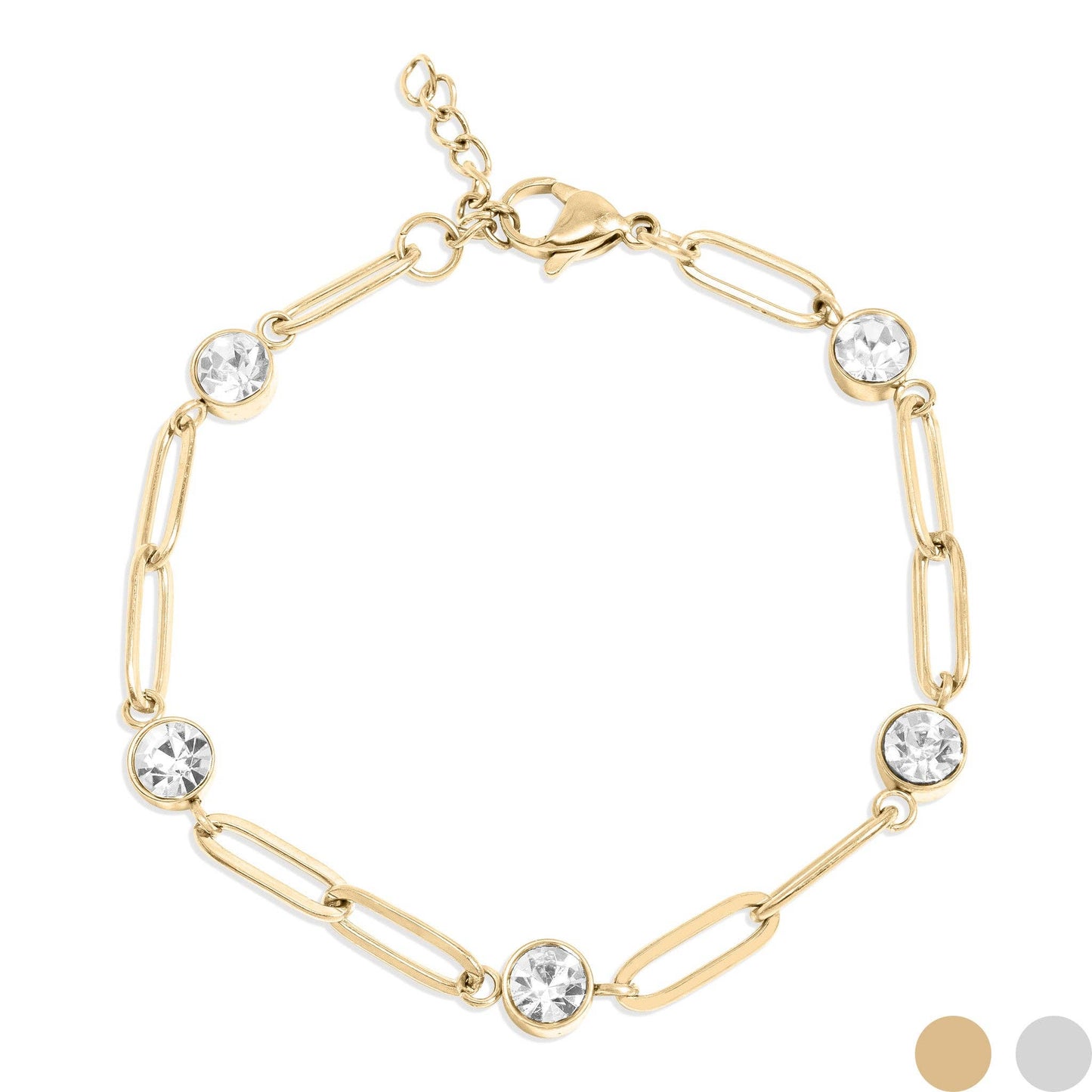 18K Gold PVD Station Stone Stone Paperclip Chain Bracelet: Stainless
