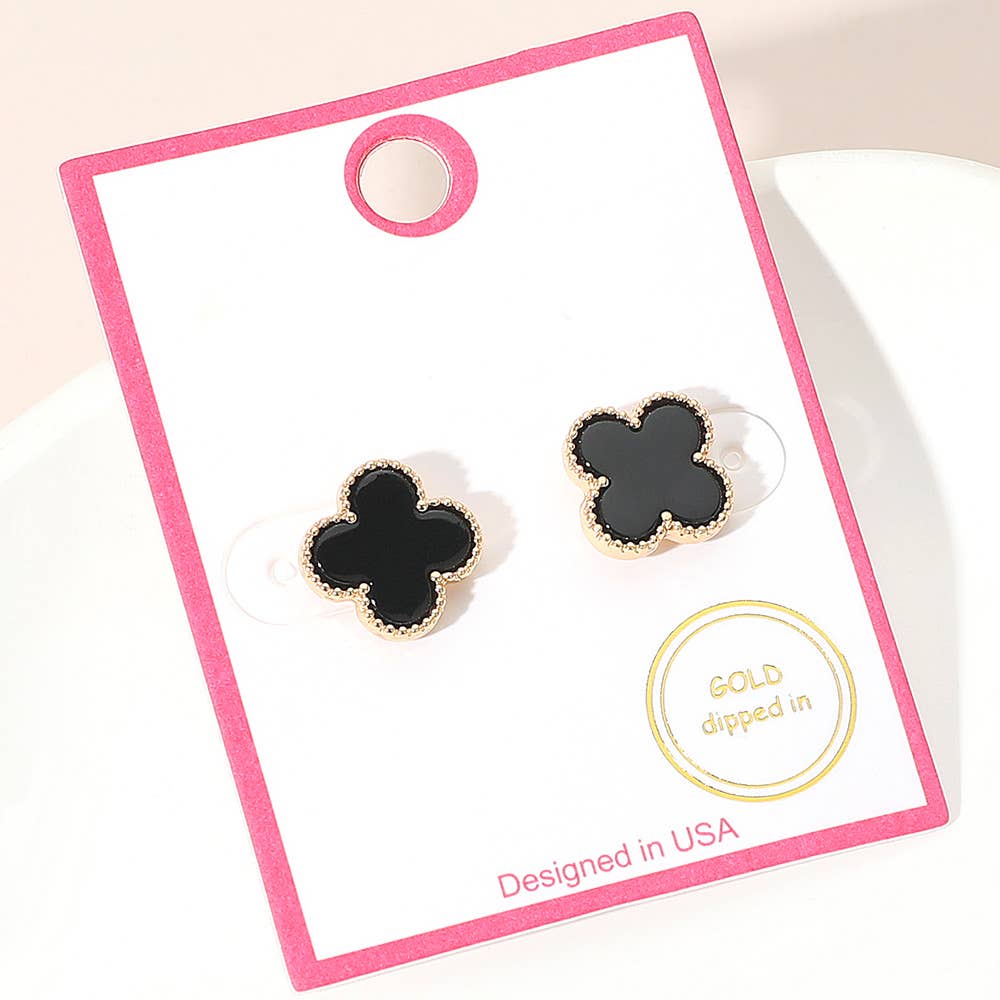 Gold Dipped Quatrefoil Stud Earrings: Red,Rhodium